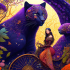Fluffy cat with copper vase, apples, and purple flowers in vibrant, mystical scene