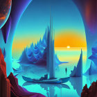 Fantastical alien landscape with sailboat, spires, and sunset