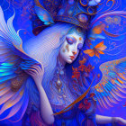 Ethereal figure with bird-like wings in vibrant nature scene