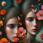 Vibrant orange flowers and butterflies frame two women's faces in dreamy digital art