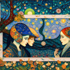 Vivid illustration of two girls with floral hats in dynamic celestial setting