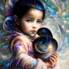 Young girl with celestial cloak and galaxy in hand