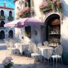 Scenic outdoor cafe with white tables, purple umbrella, and pink flowers against old building