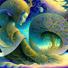 Colorful artwork: Stylized woman embraces peacock in cosmic setting