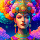 Colorful digital artwork: Woman with elaborate headdress in fantastical setting