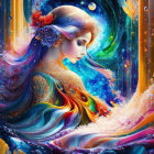 Colorful digital artwork: Woman with flowing hair and floral adornment in cosmic setting