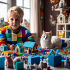 Children and cat playing with colorful building blocks and miniature houses.