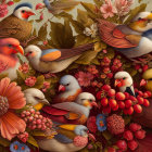 Vibrant surreal bird-themed artwork with intricate patterns and warm colors