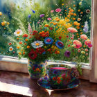 Colorful Flowers and Fruits in Vase on Sunny Windowsill