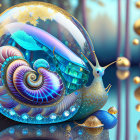 Colorful Snail Artwork with Spiraled Shell in Bubble Environment