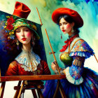 Vibrant painting of two women in vintage attire creating art