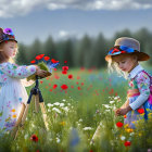 Two young girls in colorful dresses and hats in vibrant field of poppies and daisies.