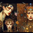 Three Women with Gold Adornments and Floral Backgrounds in Fantasy Setting