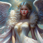 Majestic winged figure in golden attire on dreamy backdrop