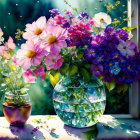 Colorful Flowers in Glass Vase with Bird and Garden Scene