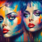 Colorful digital art: two women with melting paint on faces