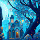 Intricate blue tree morphs into architectural structures amidst mystical backdrop