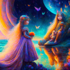 Fantasy artwork: Two girls in celestial dresses with butterflies, bird, flowers, moonscape, and