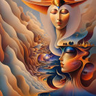 Surreal art: Two stylized faces in golden clouds with celestial elements