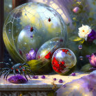 Fantasy art: shiny orbs, delicate spiders, colorful flowers near window with cobweb