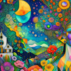 Colorful surreal illustration: Woman with nature hair, whimsical house, crescent moon