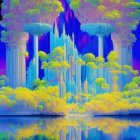 Surreal Landscape with Futuristic Structures and Mushroom-like Trees