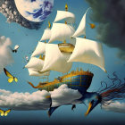 Fantastical flying ship with bird features and floating houses under cloudy sky surrounded by butterflies.