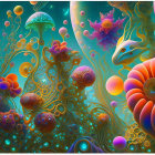 Colorful Psychedelic Digital Artwork with Patterns and Orbs