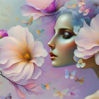 Surreal illustration of woman with floral elements and butterflies