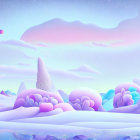 Pastel-colored fantasy landscape with spires and water under pink and purple sky