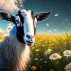 Blue-eyed goat in sunlit field with yellow flowers and golden-hour glow
