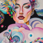Surrealist painting: Woman's face in dream-like scenery