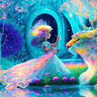 Girl in flowing dress with majestic lion in vibrant fantasy scene