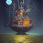 Whimsical Treehouse Illustration Under Starry Night Sky