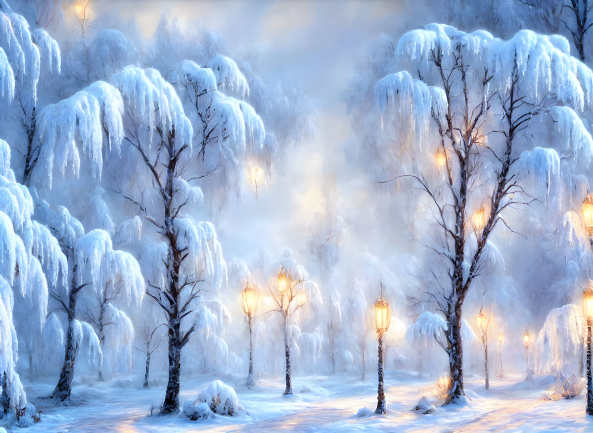 Snow-covered trees and glowing lampposts create a serene winter scene