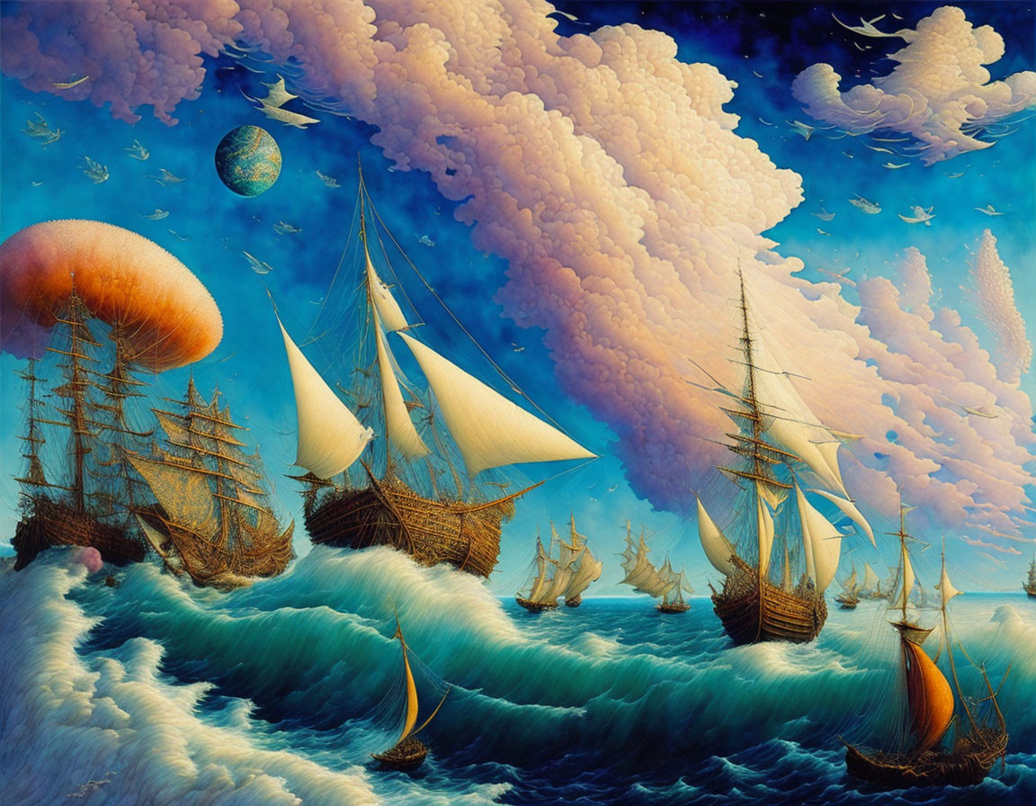 Surreal sky with sailing ships and giant jellyfish.