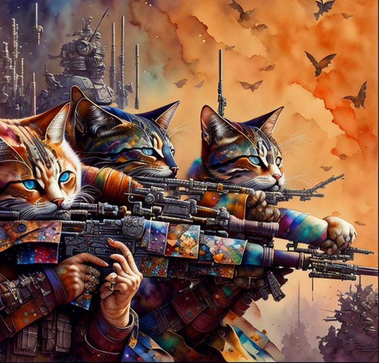 Vividly colored cats as soldiers with intense eyes in dystopian battlefield