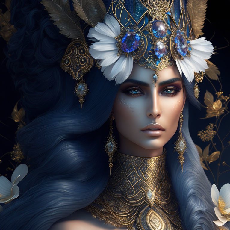 Digital Artwork: Woman with Blue Hair and Elaborate Gold Headdress