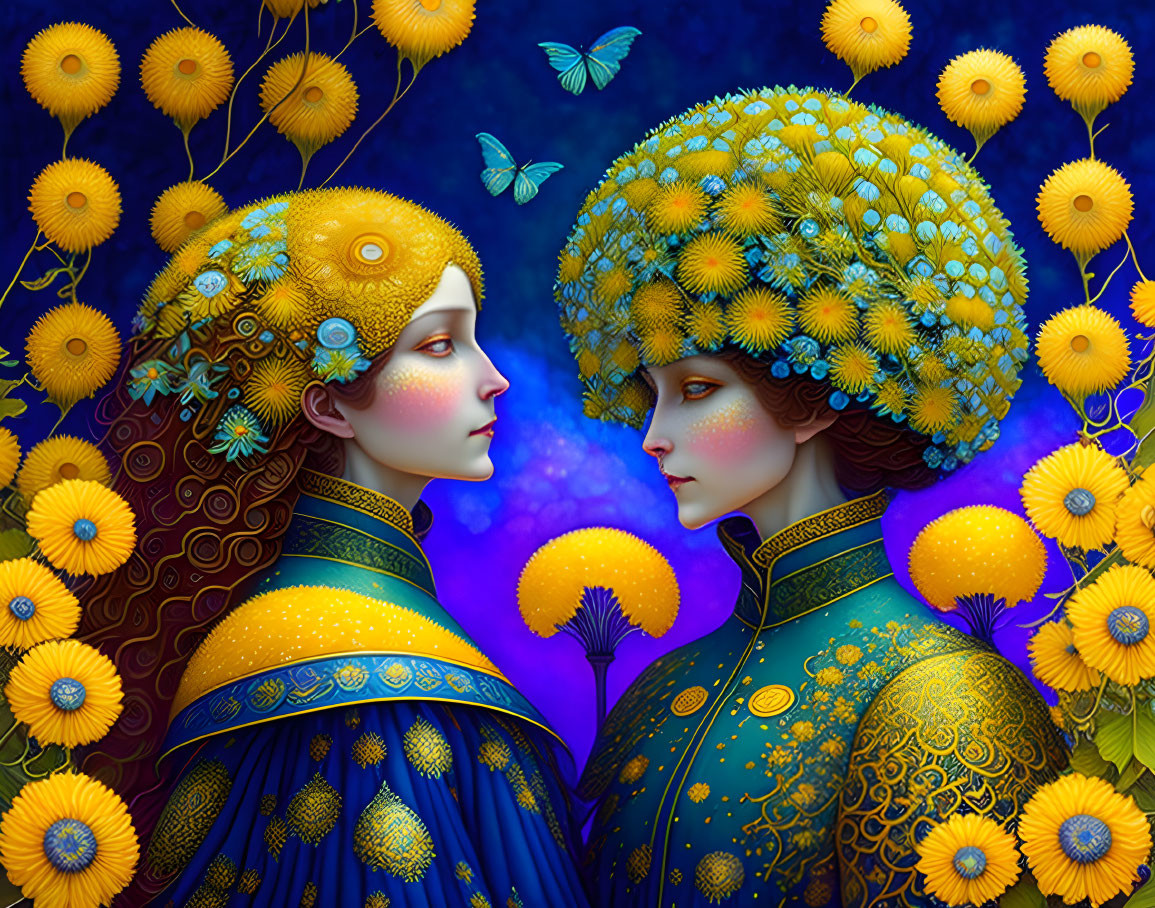 Stylized figures with golden floral headpieces in blue attire among yellow flowers and butterflies on deep blue