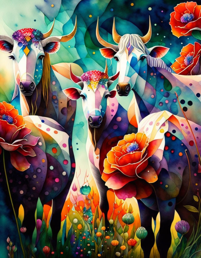 Vibrant Cubist-style painting of floral-adorned bovine creatures in a mosaic setting