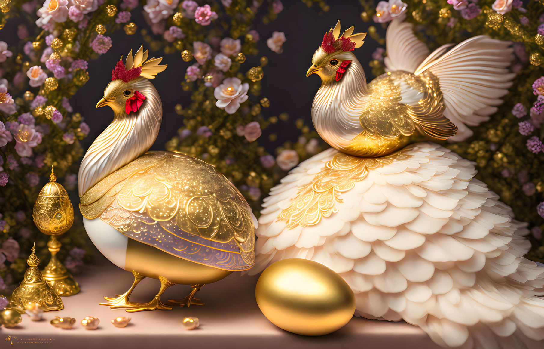 Golden ornate chickens with decorative egg on floral background