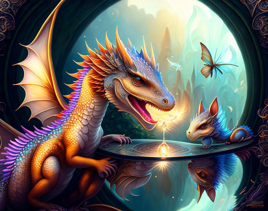 Fantasy scene: large dragon, small dragonling, glowing orb, butterfly