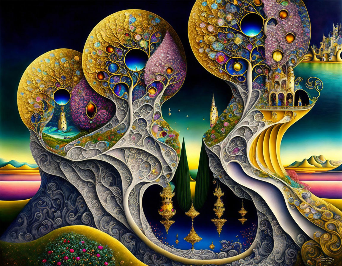 Colorful surrealistic painting: ornate tree-like structures, swirling branches, whimsical architecture, twilight