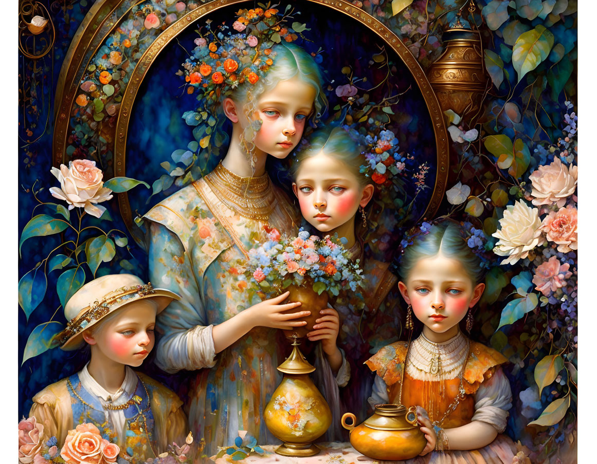 Stylized vintage painting of four children with floral decor