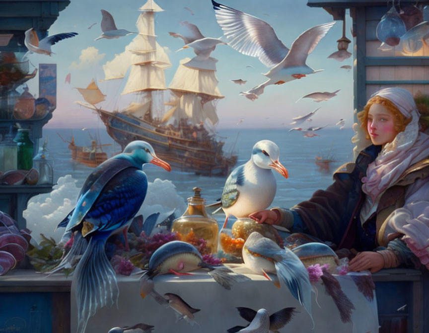 Tranquil seascape with woman, seagulls, fish, and sailing ship