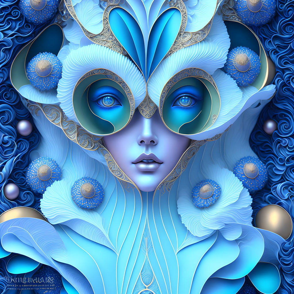 Surreal digital artwork of blue being with captivating eyes