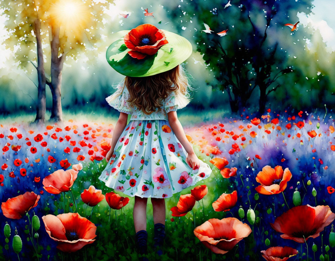 Young girl in floral dress and green hat in vibrant poppy field with butterflies and sun rays.