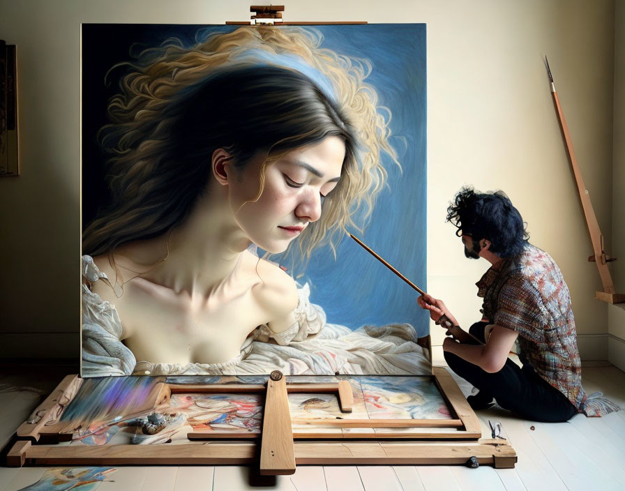 Artist Capturing a Serene Woman on Canvas