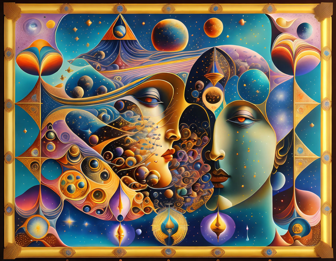 Surrealist male and female faces with cosmic elements in golden frame