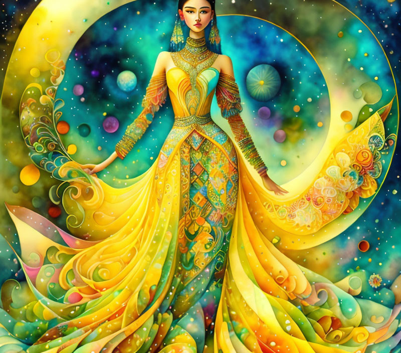 Vibrant Woman in Elaborate Yellow and Gold Attire Against Cosmic Backdrop